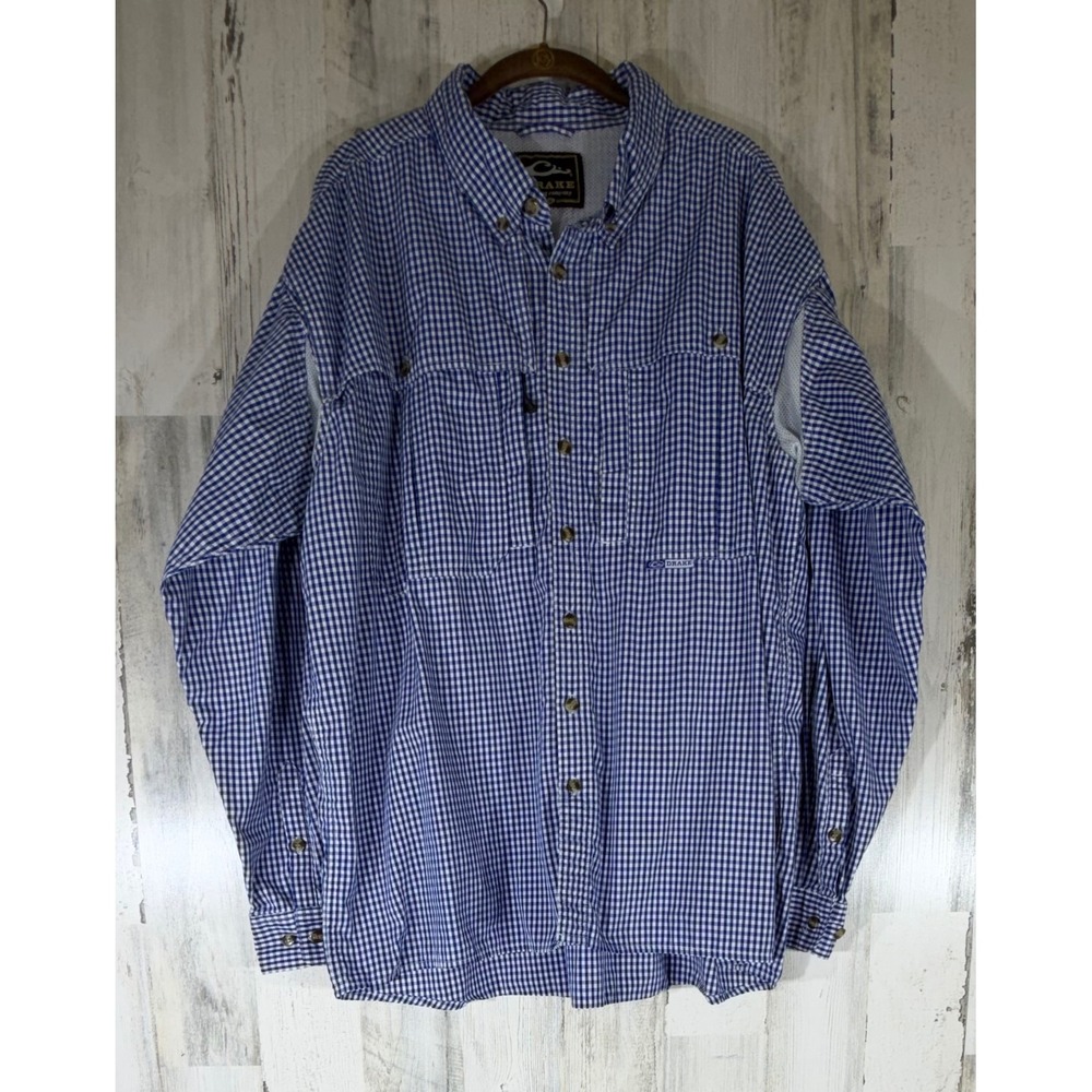 Drake Clothing‎ Company Fishing Shirt XL Blue Gingham Vented Long Sleeve Button
